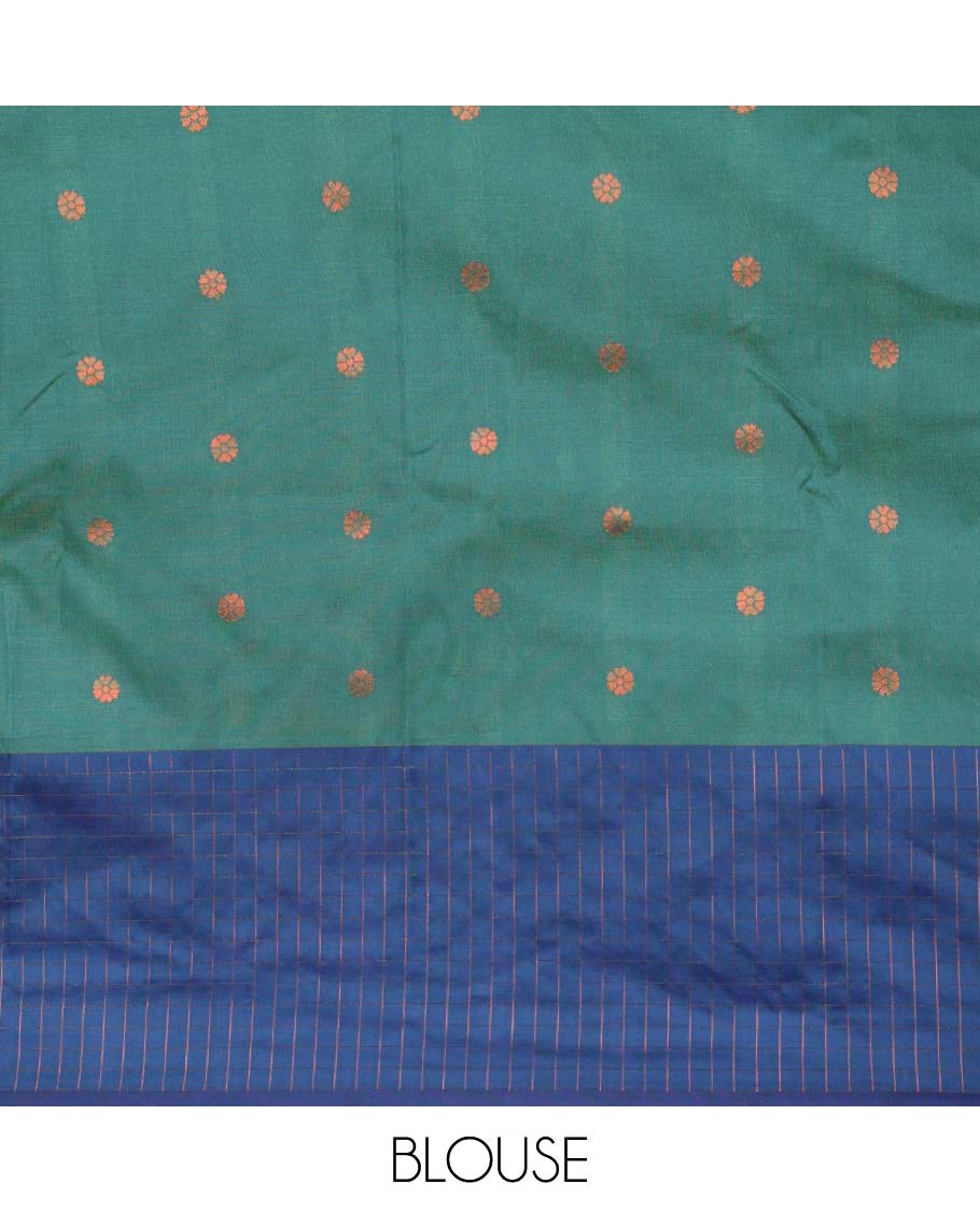Peacock green with blue star zari butta soft silk saree with contrast small checks border & rich weaving pallu along with butta design blouse