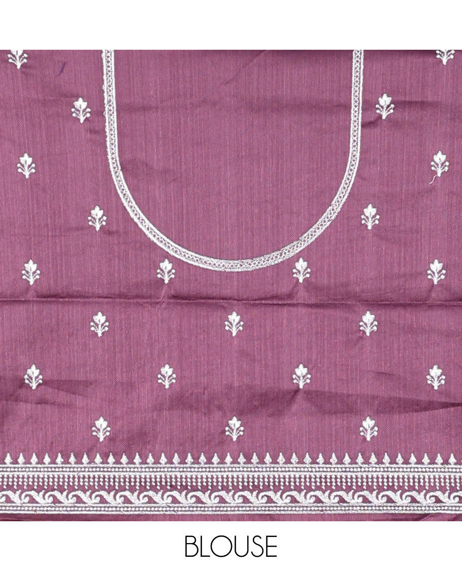 Violet floral buttas embroidered half saree with self embroidered border, floral design blouse & floral buttas , scallop border dhavani