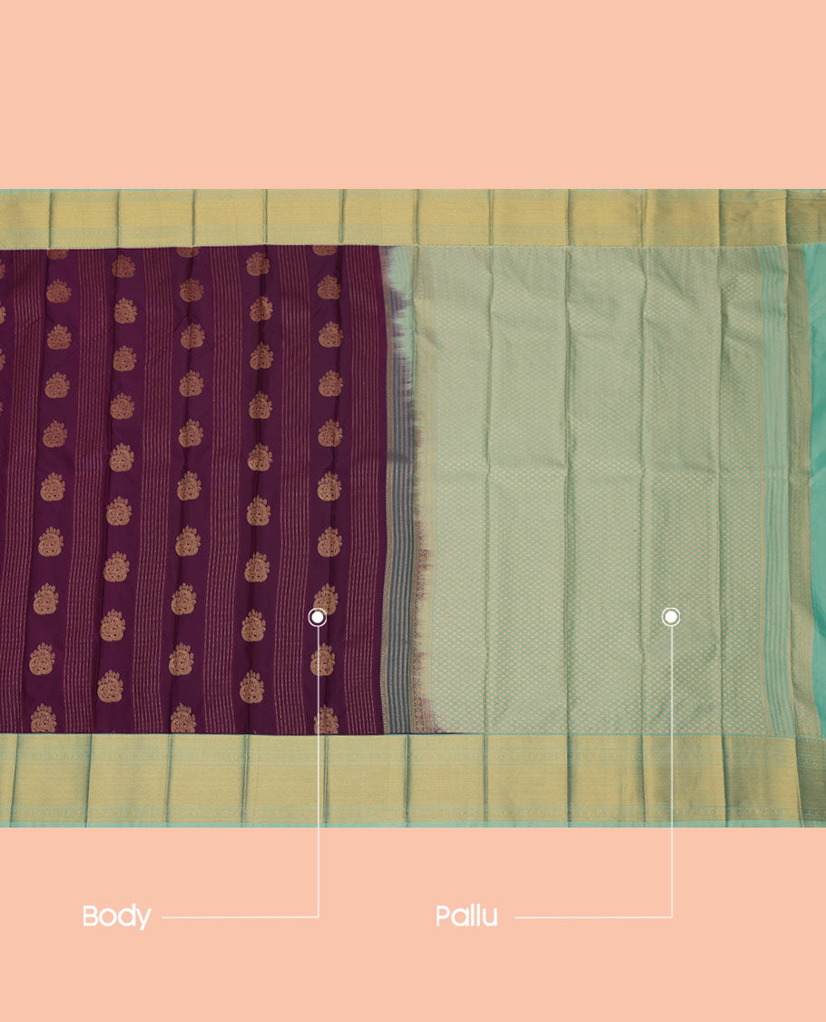 Purple Budget Silk Saree, Detailed with Zari Buttas, a Contrast Traditional Zari Border, Grand Pallu, and a Contrast Blouse