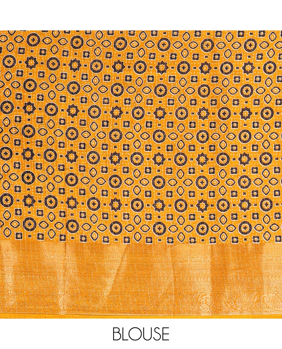 Cream-mustard zari striped dola silk saree, contrast traditional zari border of leaf creeper, Ajrakh printed pallu, and Ajrakh printed blouse