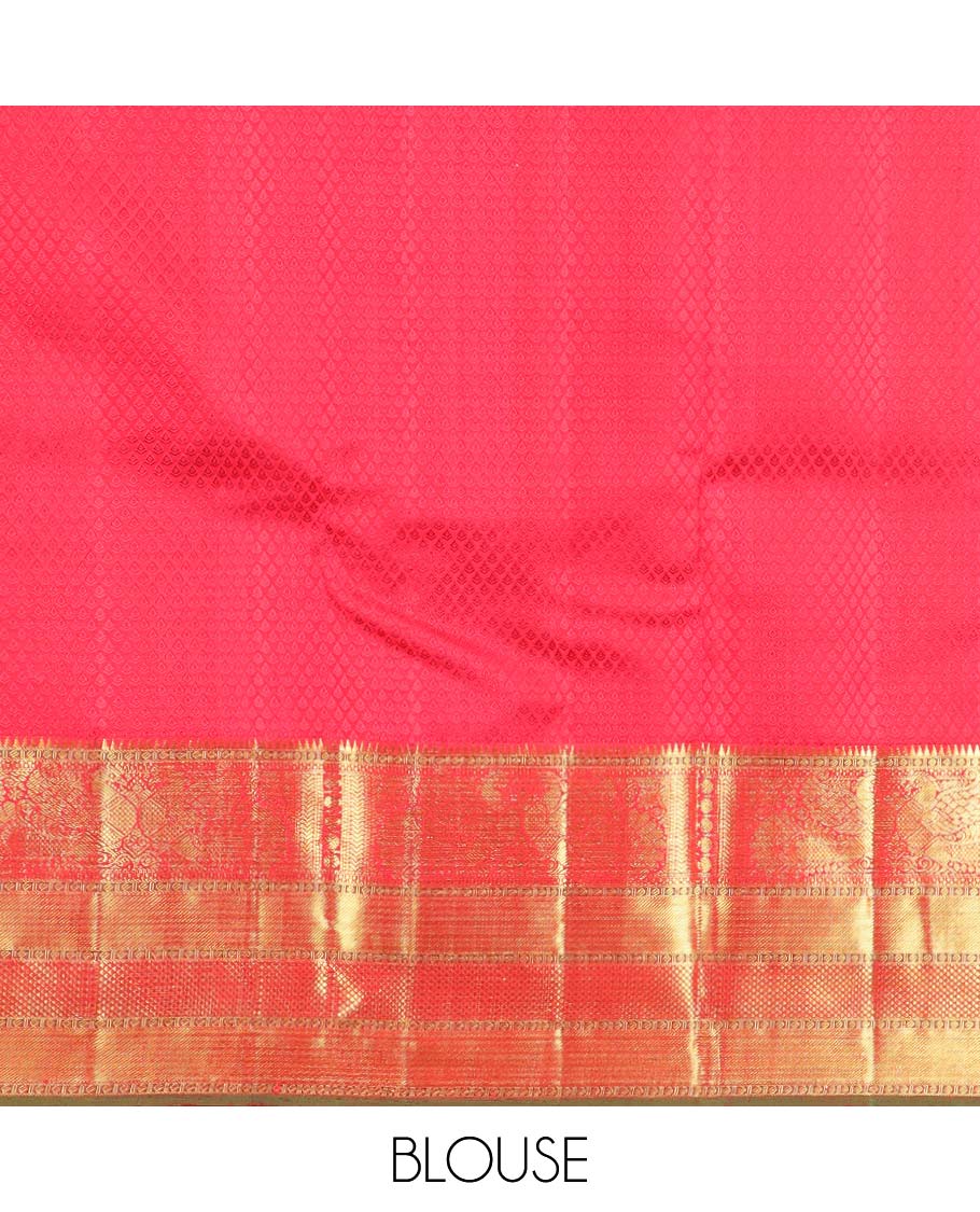 Red floral design silk saree with contrast border of rekku, paun, banaras, kuyil kann design & jaal design pallu