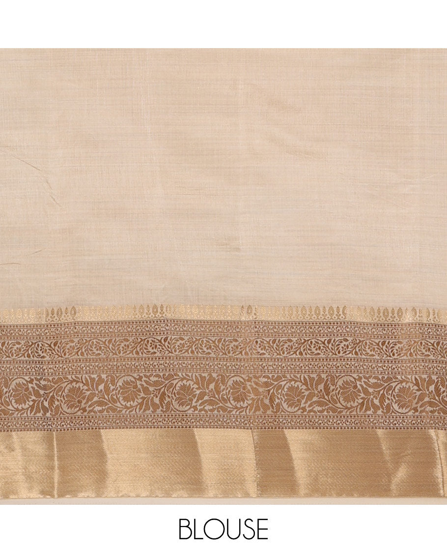 Cream plain tussar saree, traditional zari design border, pallu of zari stripes & matching traditional motif border blouse