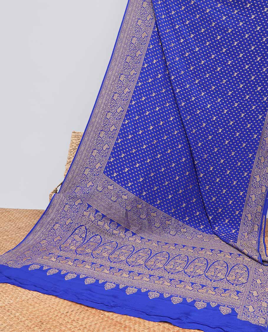 Blue floral motifs banaras silk saree with self zari design border & intricate floral zari design pallu