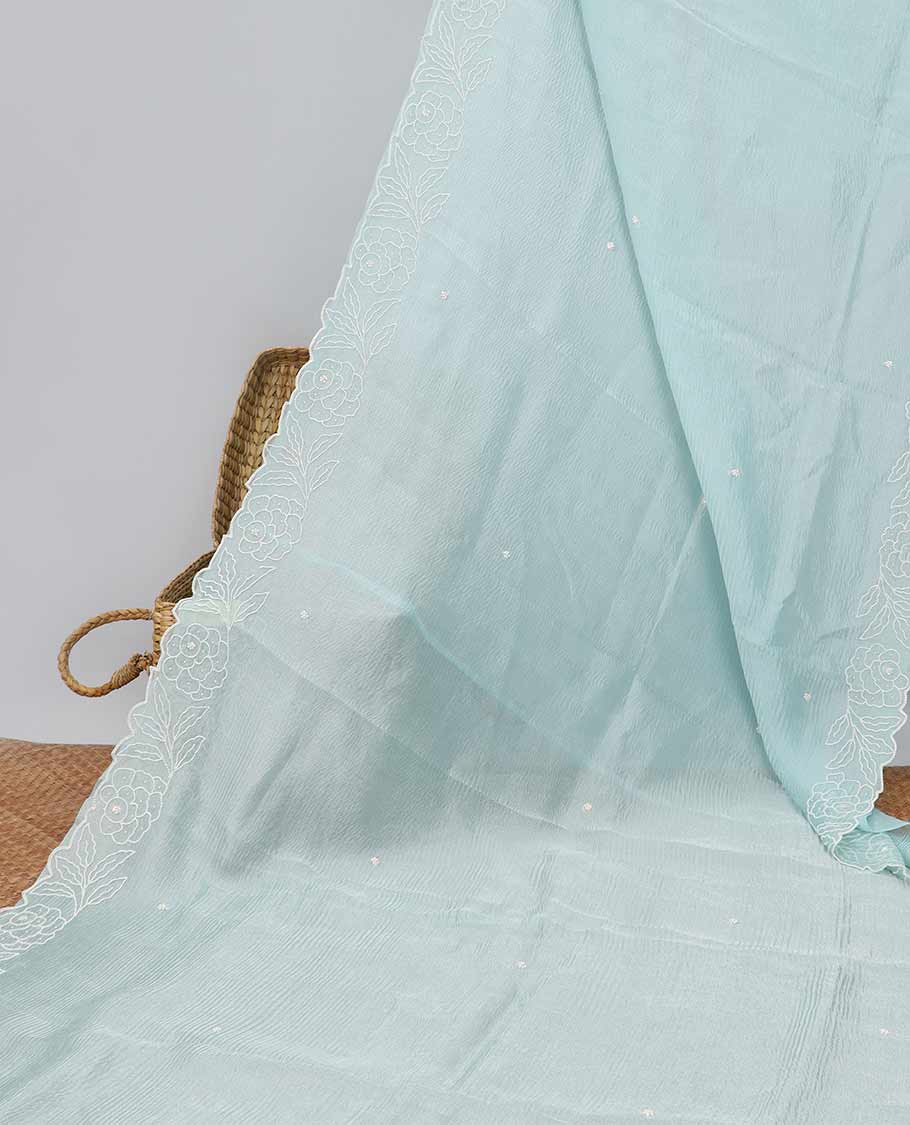 Light blue floral bead embroidery tissue saree with floral scallop bead embroidery border