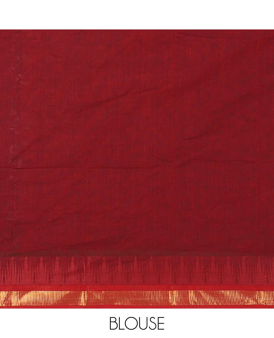 Maroon plain Chettinad cotton saree, contrast ganga jamuna temple zari border, striped pallu, and plain blouse
