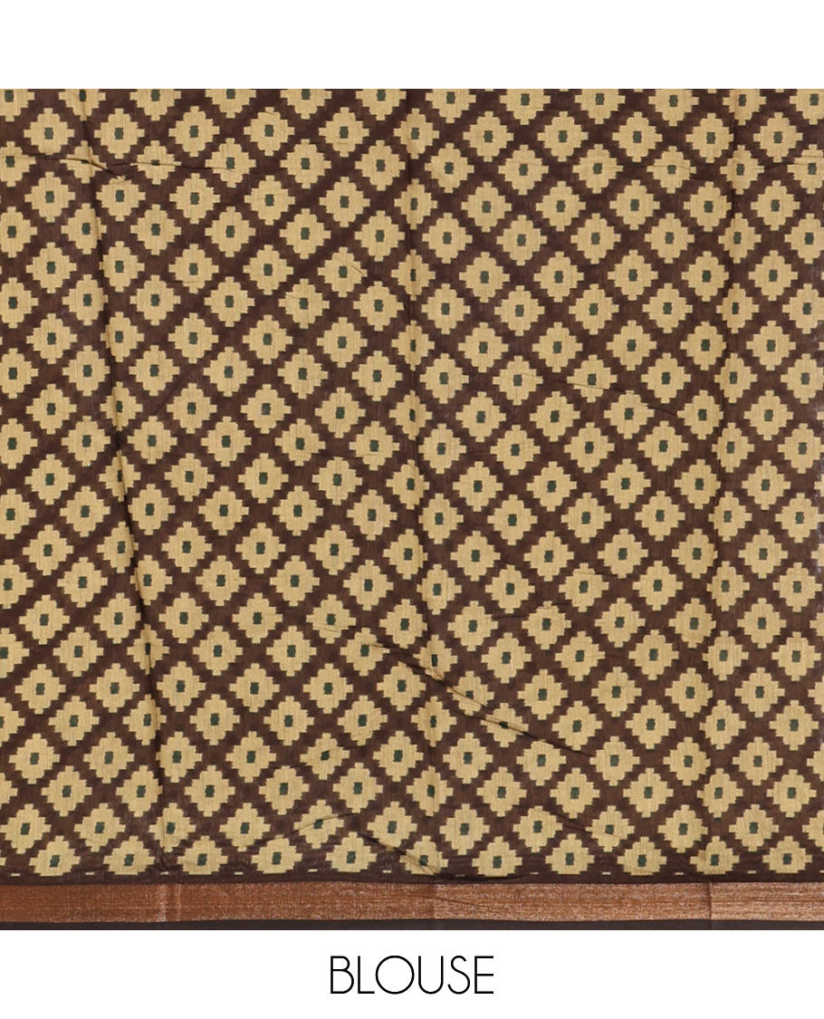 Chocolate brown geometric printed muslin cotton saree, zari border, geometric printed pallu & argyle printed blouse