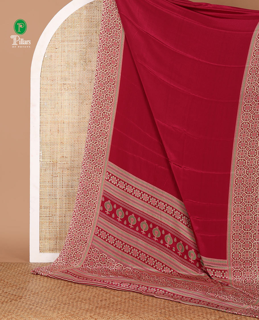 Maroon plain modal satin saree, double-sided border & pallu intricately printed Ajrakh-style design, Ajrakh printed blouse