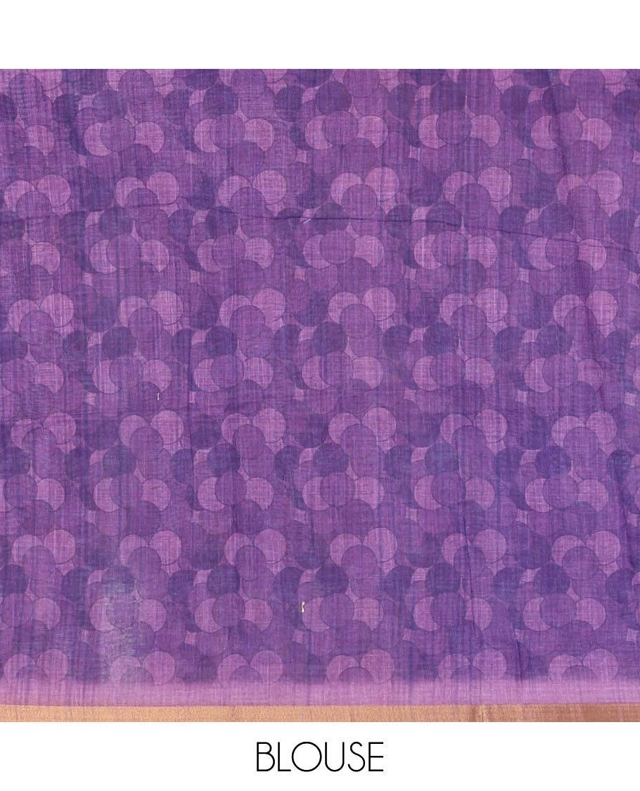 Lavender polka dots printed linen cotton saree, piping border, kalamkari floral-peacock printed pallu & small polka dots printed blouse