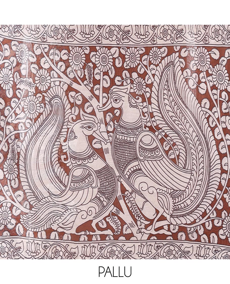 Brown Chanderi Cotton Saree, Embellished with Kalamkari-Style Ancient Human Figurines Printed on Its Body, Subtle Zari Piping Border, Pallu Depicting Kalamkari Peacocks, and Paired with a Matching Blouse