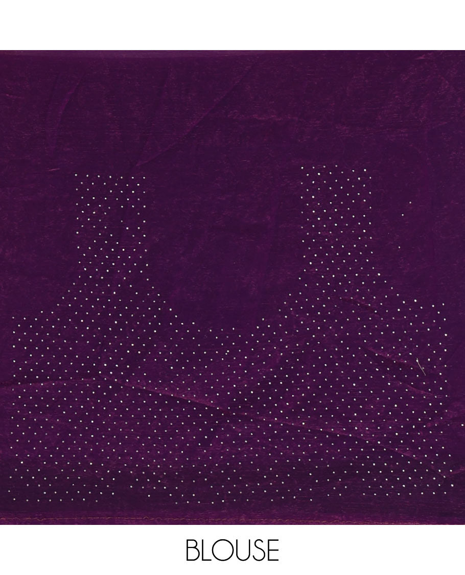 Violet full-plain fendy chiffon saree, scallop swarovski stone work geometric border and contrast plain blouse