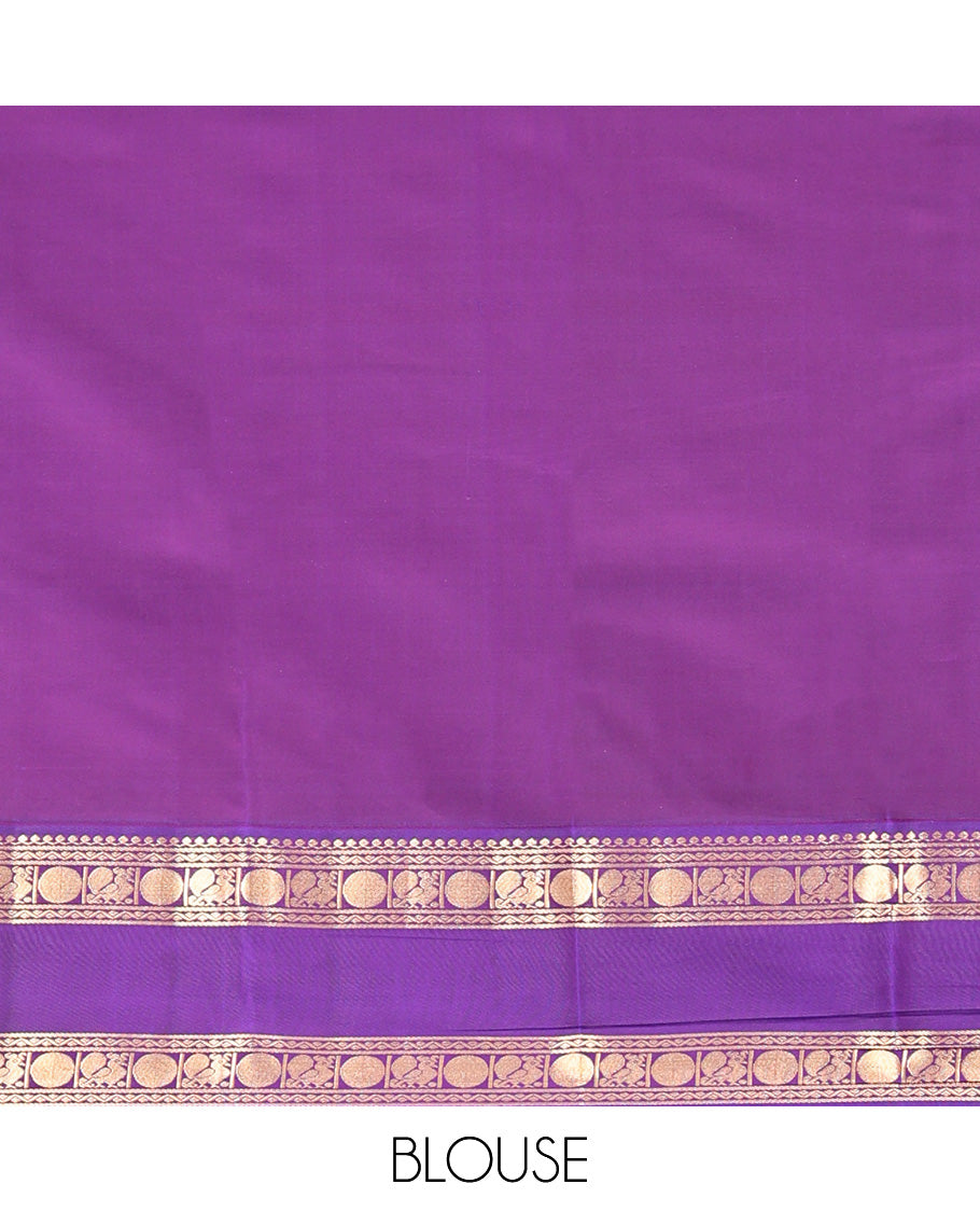 Red Vasundhara Lite Silk Mix Saree, Steeped in Richness of Zari Buttas All Over Its Body, Complemented by a Contrast Rettai Pettu Border of Salngai, Neli, Poun, and Mayil Designs, Grand Pallu, and Paired with a Contrast Blouse