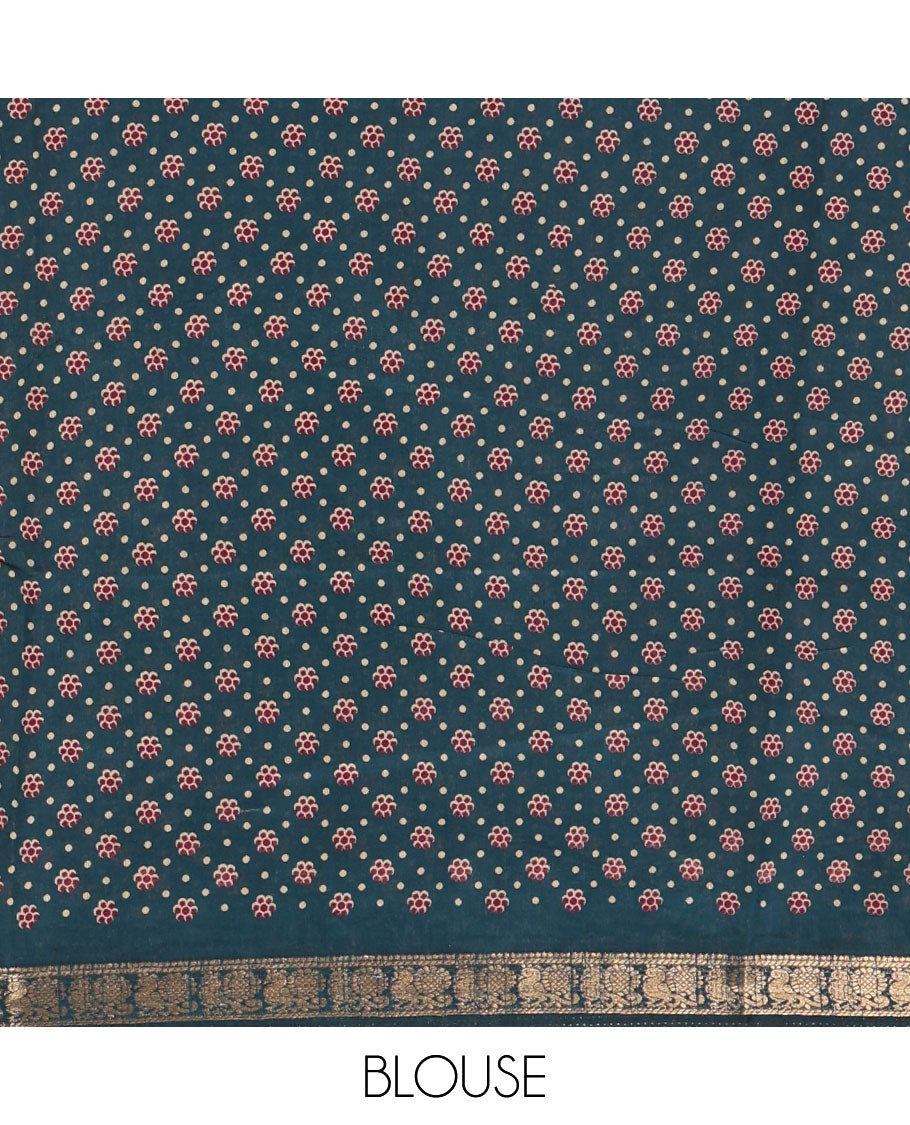 Wine diamond patterns Shibori-style printed muslin cotton saree, contrast elephant motifs printed border, batik elephant motifs pallu & contrast flower buttas printed blouse