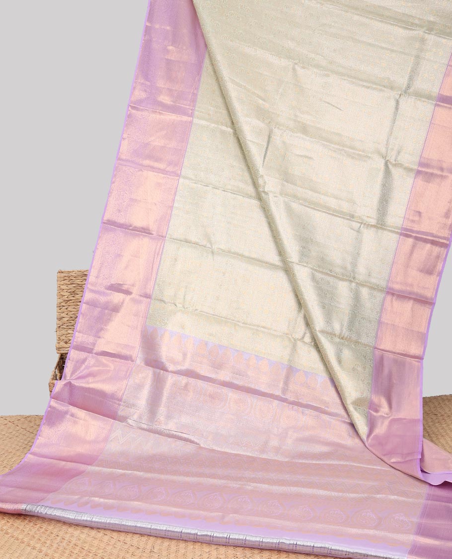 Light green floral jacquard budget silk saree with contrast intricate zari design & floral checked zari design pallu