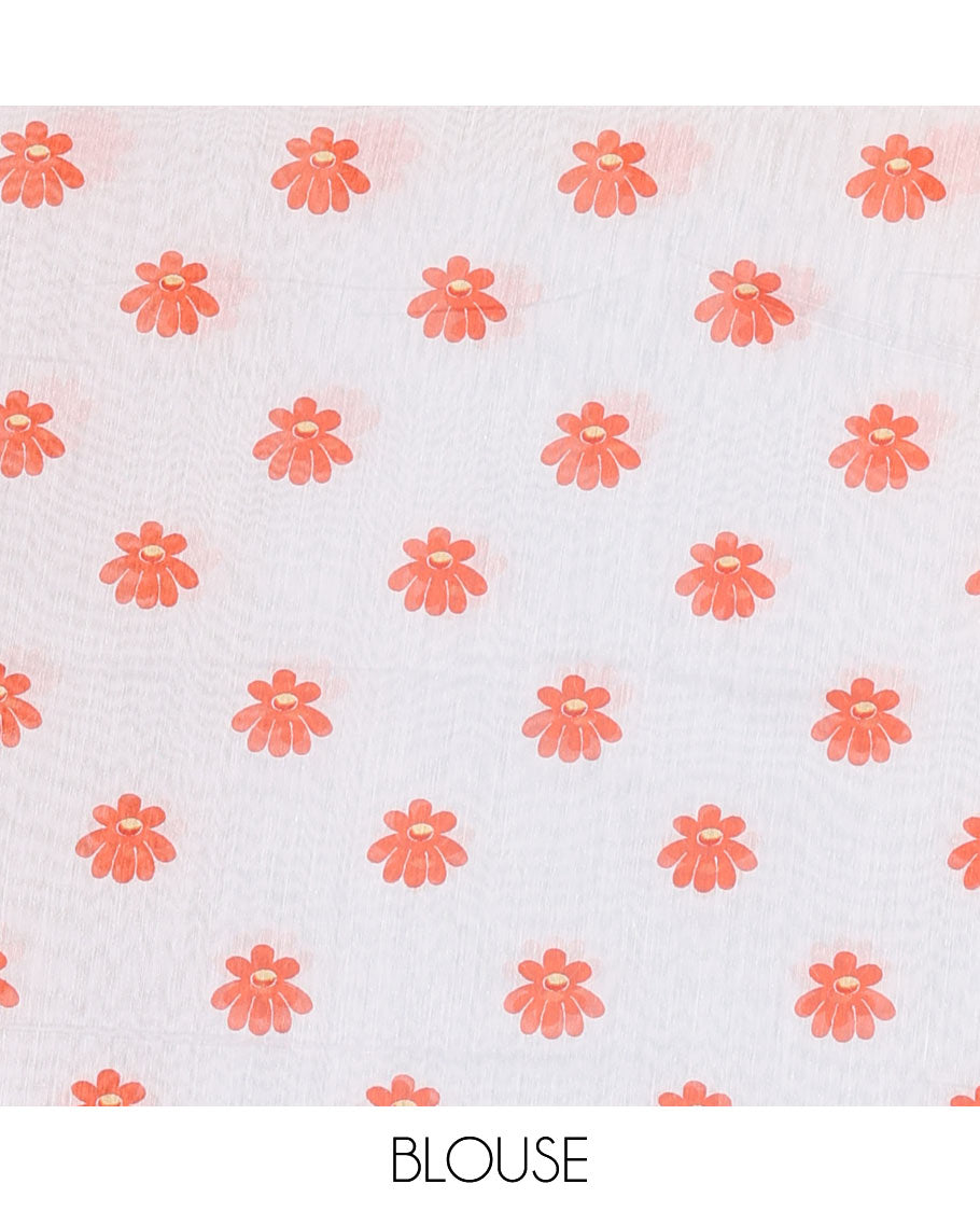 Borderless white floral design chanderi cotton saree , floral vine printed pallu and small floral printed blouse
