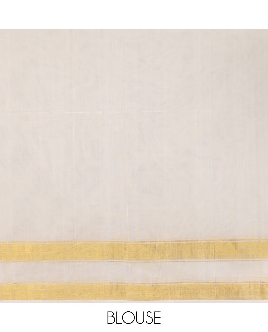 White triangle motifs kasavu saree with self rettai pettu zari border & striped, triangle design pallu