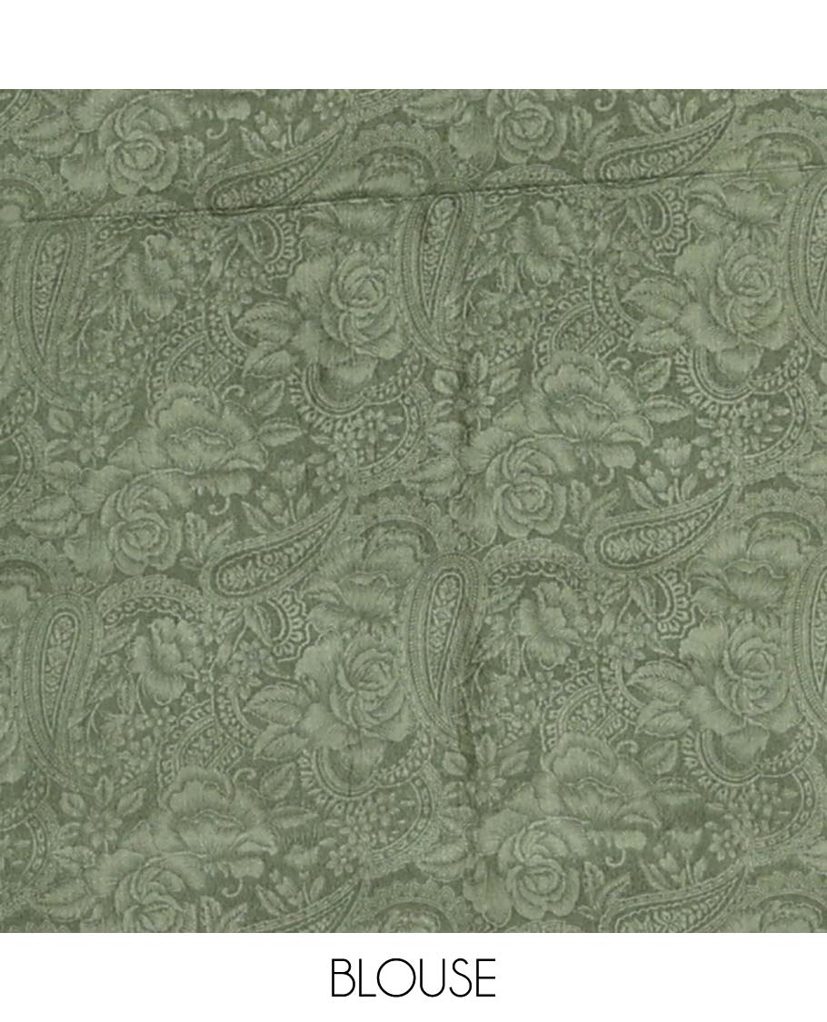 Green leaf design printed silk saree with contrast intricate design border & floral design pallu