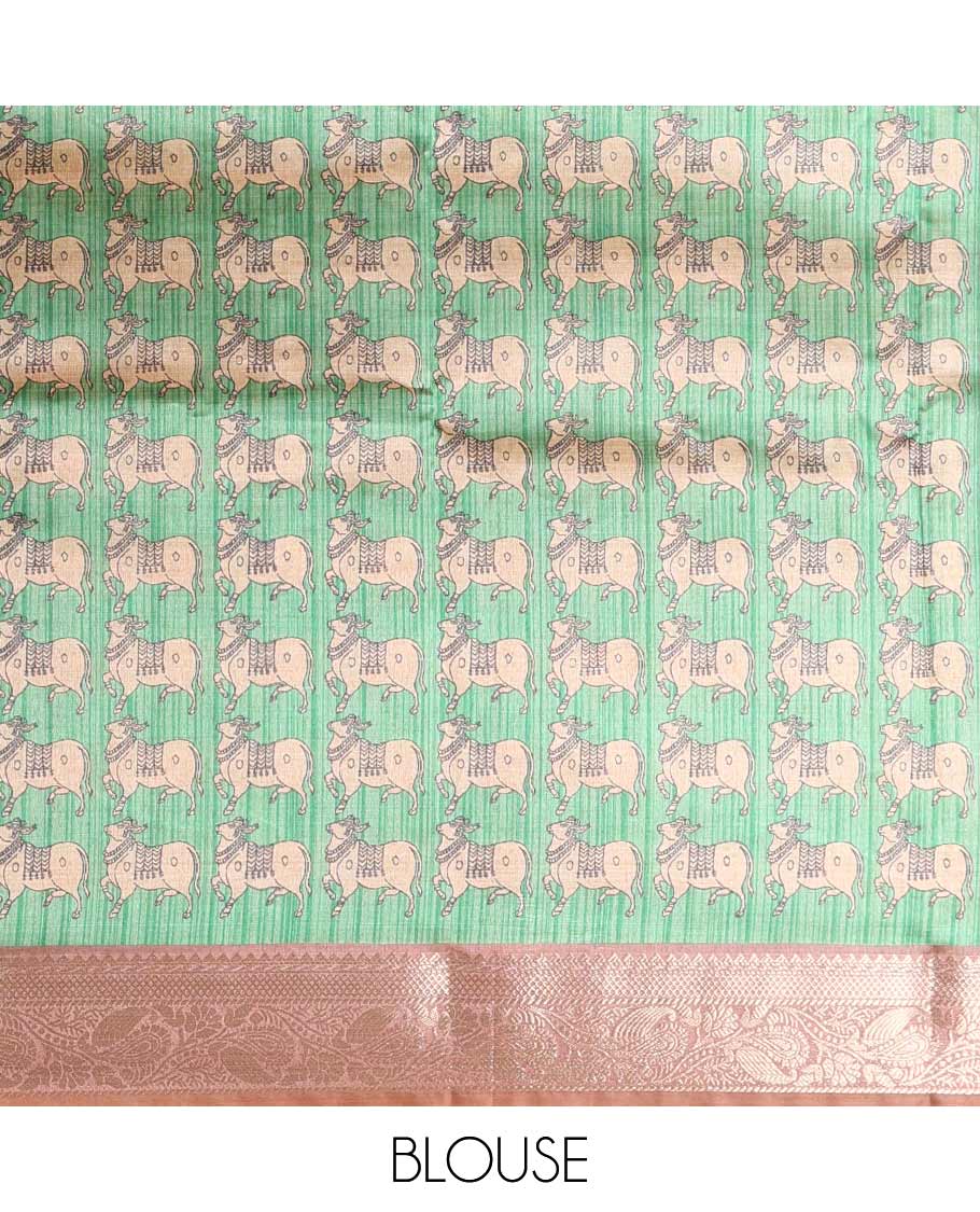 Brown striped semi-tussar saree, traditional zari border of floral creeper designs, contrast pallu of Pichwai cow print, and contrast Pichwai cow printed blouse