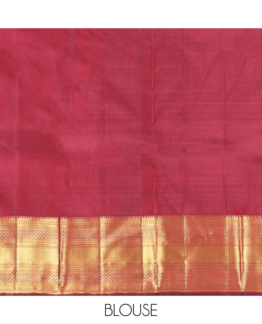 Maroon Kanchipuram Wedding Silk Saree, Gracefully Embellished with Floral Creeper Jacquard Design on Its Body, Highlighted by Zari Border of Rekku, Muthu, Neli, Zari Strips, and Jaal Designs, Grand Pallu, and Paired with a Matching Blouse