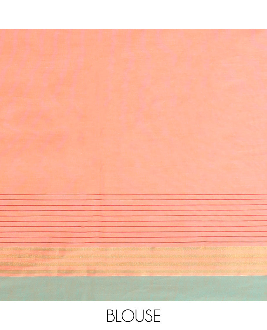 Peach floral motifs kanchi cotton saree with contrast striped design border & floral design pallu