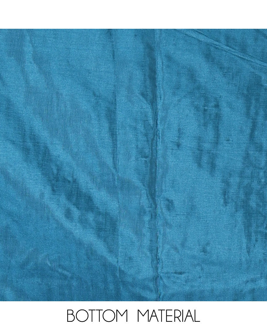 Blue material chudidar set, stone work moss organza top, a matching bottom, and scallop stone work moss organza dupatta