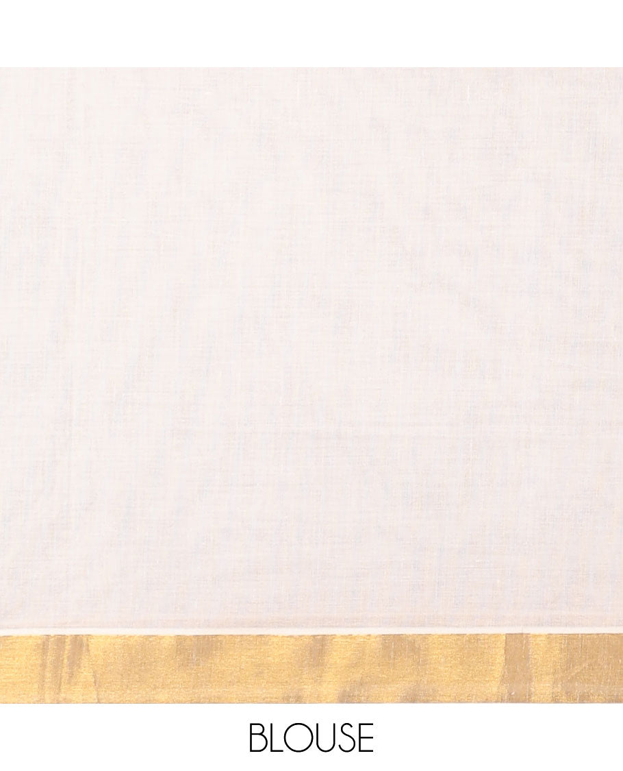 Cream kerala saree with zari stripes, zari border & pallu of peacock designs in zari