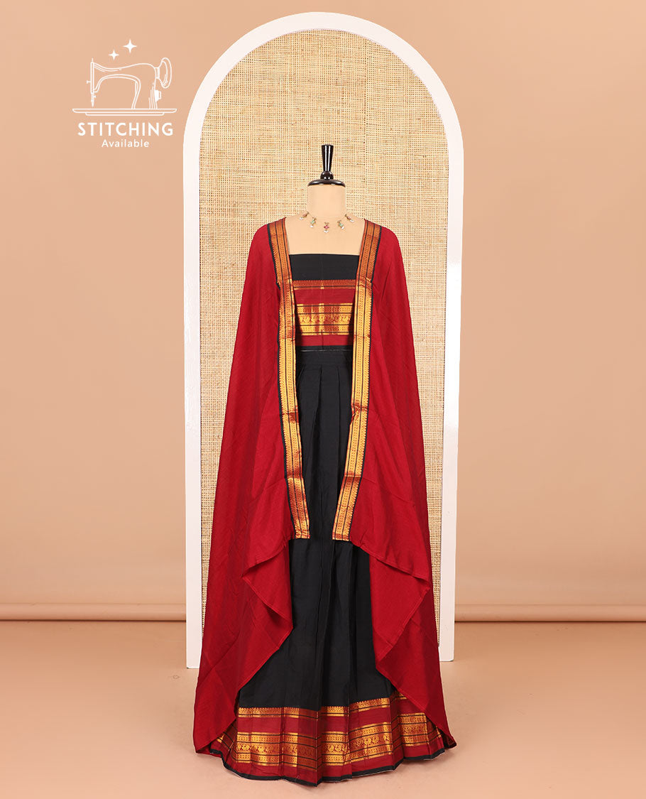 Black half-saree, plain with contrast varisai pettu traditional zari bordered skirt, matching blouse and a plain zari border contrast dhavani