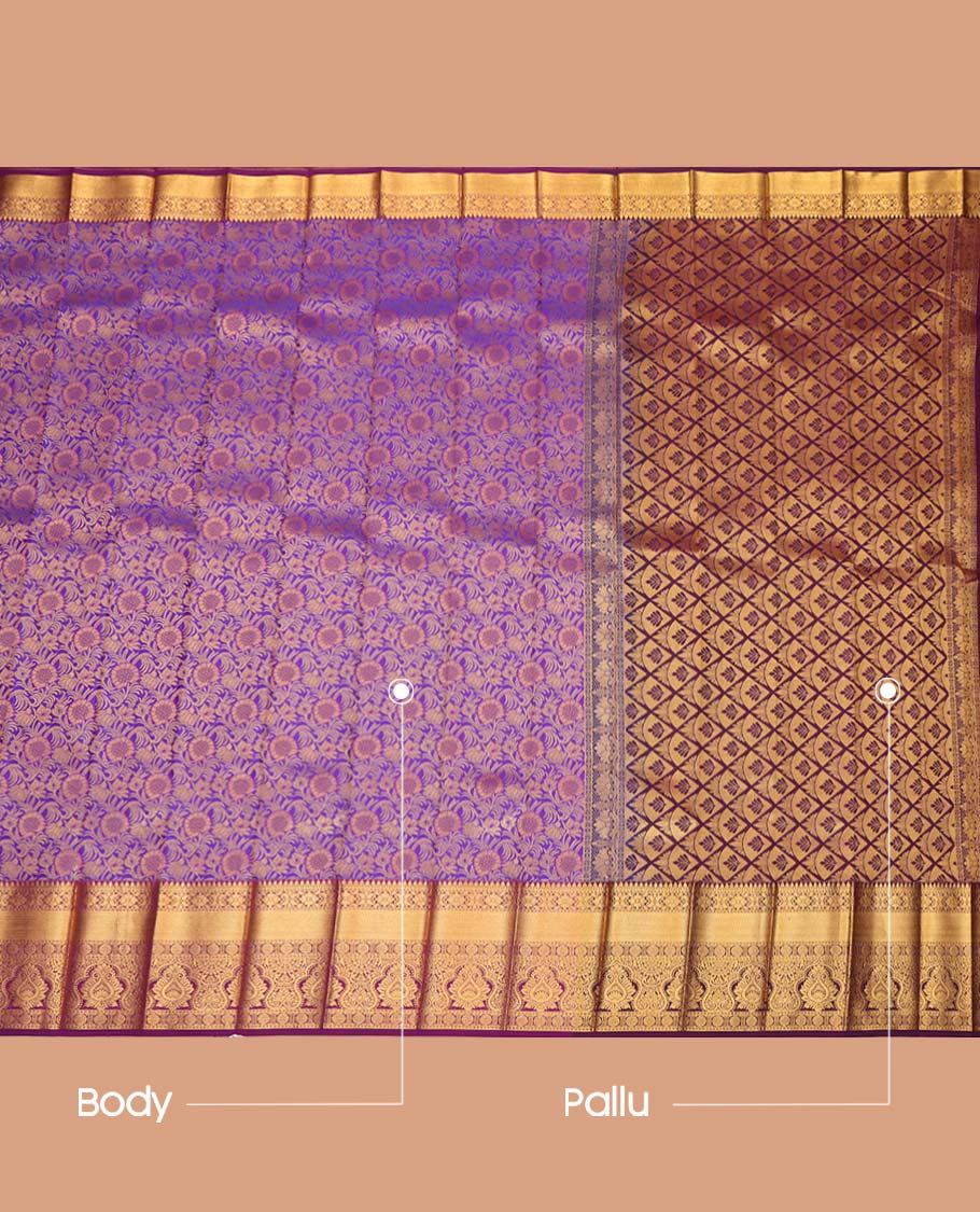 Violet Budget Silk Saree, Adorned with Floral Vine Design, Complemented by Contrast Traditional Zari Border, a Jaal Pallu and a Contrast Blouse