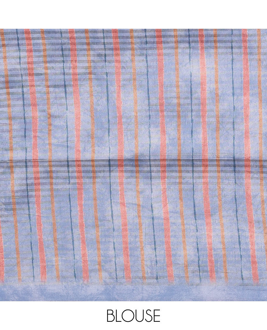 Borderless grey checked & stripes printed fancy tussar saree, contrast painting-style Indian woven motifs printed pallu & checked printed blouse