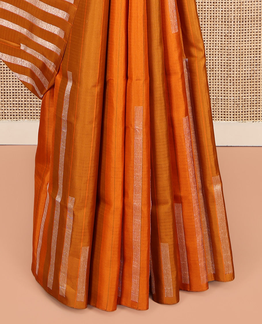 Borderless Yellow Mayuri Soft Silk Saree, Adorned with Stripes and Rectangular Blocks, Highlighted by a Pallu of Zari Design, and a Matching Blouse