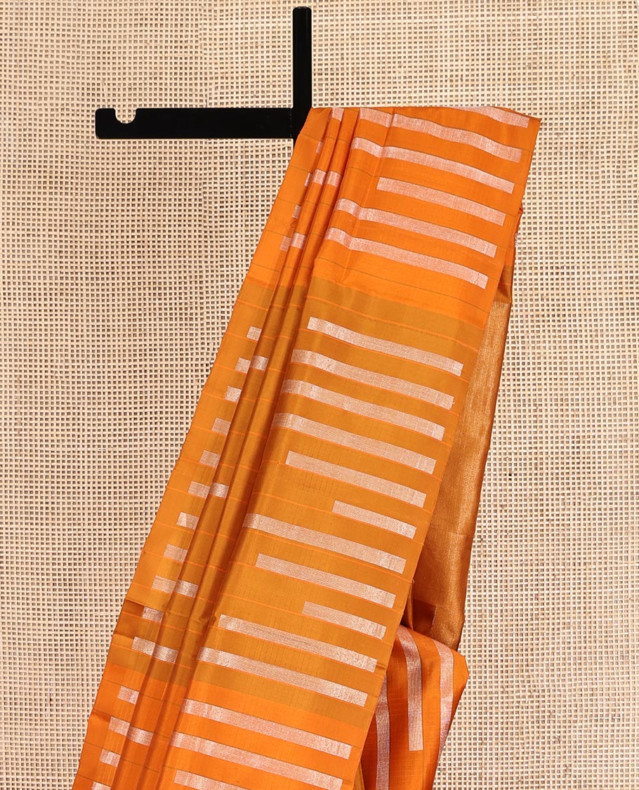 Borderless Yellow Mayuri Soft Silk Saree, Adorned with Stripes and Rectangular Blocks, Highlighted by a Pallu of Zari Design, and a Matching Blouse