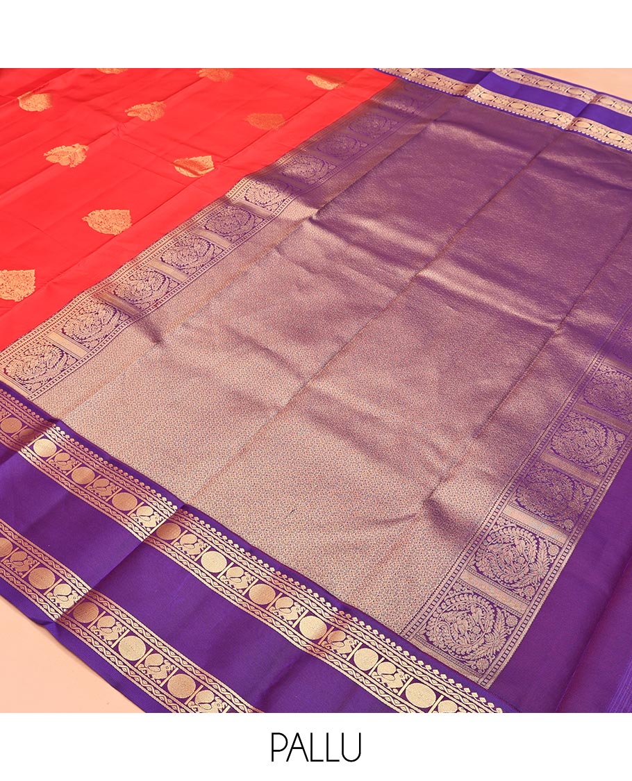 Red Vasundhara Lite Silk Mix Saree, Steeped in Richness of Zari Buttas All Over Its Body, Complemented by a Contrast Rettai Pettu Border of Salngai, Neli, Poun, and Mayil Designs, Grand Pallu, and Paired with a Contrast Blouse