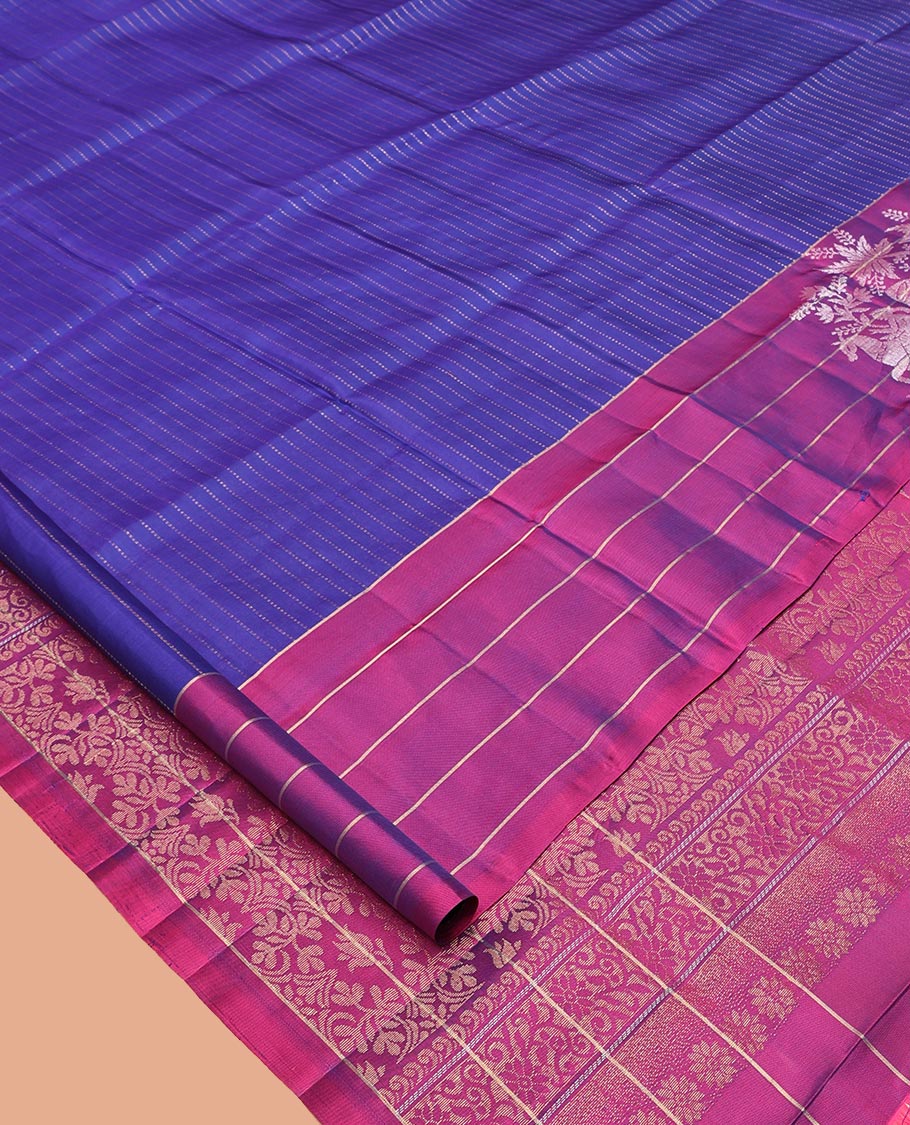 Blue Mayuri Lite Silk Mix Saree, Adorned with Muthu Stripes on Its Body, Complemented by a Contrast Border of Human Figurines, Intricately Designed Pallu, and Paired with a Contrast Blouse