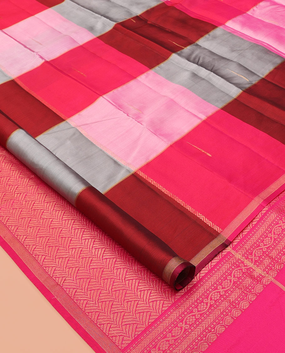 Multi-Color Checked Vasundhara Lite Silkmix Saree with Malli Mokku Buttas, a Piping Border, a Contrast Blouse