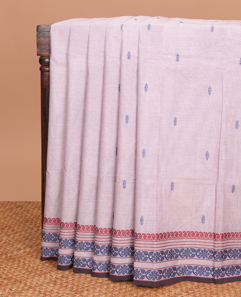 Pale pink thread buttas Chettinad cotton saree, traditional design thread woven border & pallu of buttas & stripes