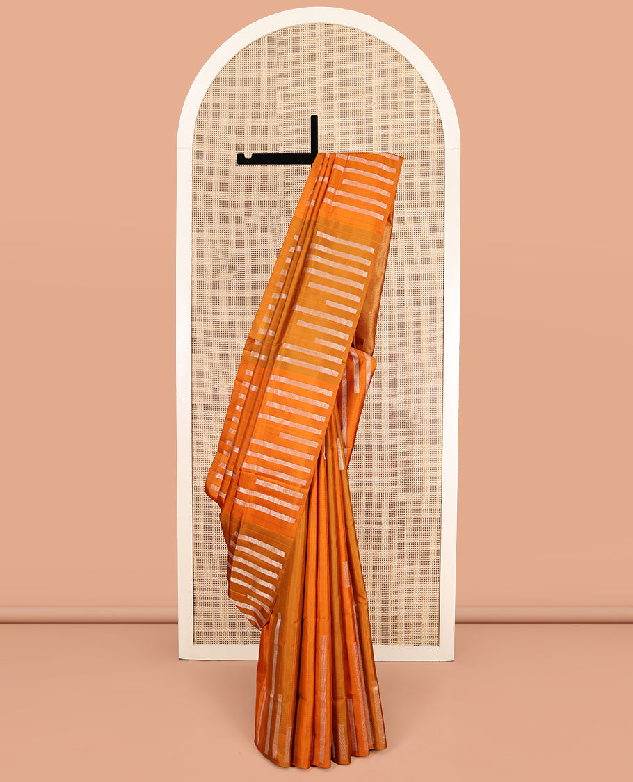 Borderless Yellow Mayuri Soft Silk Saree, Adorned with Stripes and Rectangular Blocks, Highlighted by a Pallu of Zari Design, and a Matching Blouse