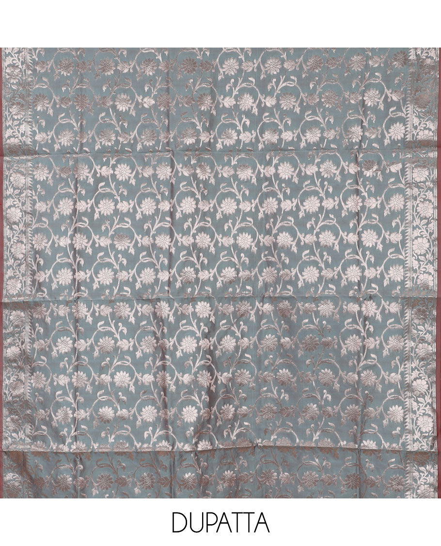 Teal banarasi material chudidar set, zari buttas woven top, plain bottom, and floral jaal jacquard taffeta silk dupatta