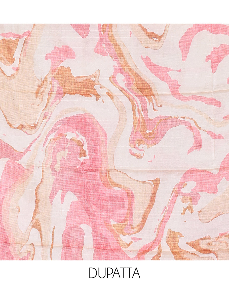 Peach Semi-Bhagalpur Cotton Material Churidar Features Plain Top, a Santoon Bottom, and Contrast Abstract Printed Dupatta