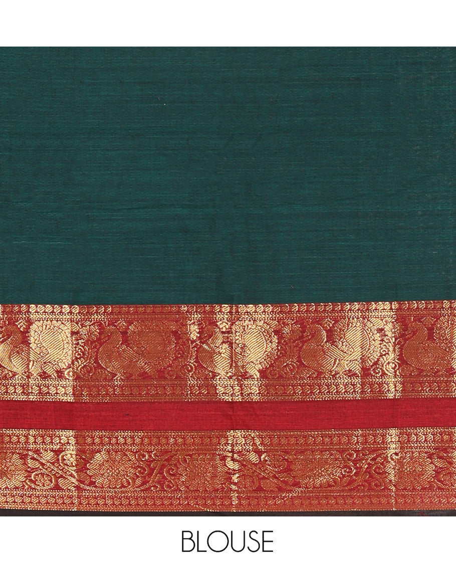 Bottle Green-Red Mercerised Cotton Half-Saree Features Plain with Contrast Peacock and Floral Creeper Zari Bordered Skirt, Paired with a Matching Blouse, and Comes with a Contrast Floral Creeper Zari Bordered Dhavani