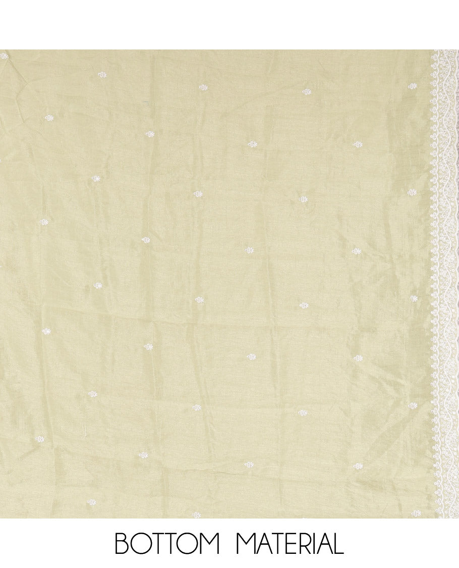 Pista Green Material Chudidar Set, Delicately Woven with Thread Embroidered Motifs Woven on Mul Chanderi Top, a Mul Chanderi Bottom, Paired with Thread-Embroidered Mul Chanderi Scallop-Bordered Dupatta