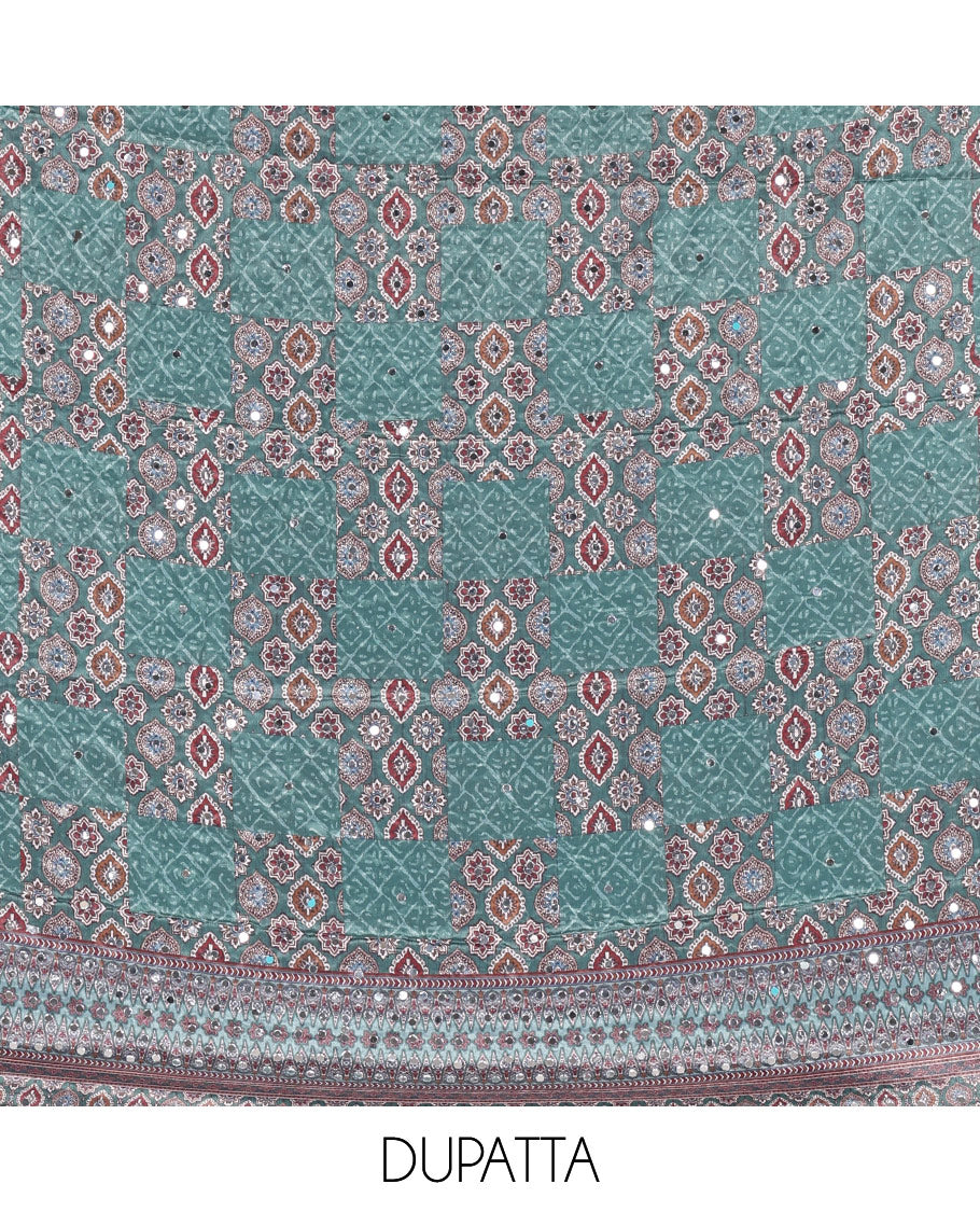 Hunter green material chudidar set, intricately printed with neck mirror work crepe top, Italian crepe bottom, and digital printed mirror work chinon dupatta