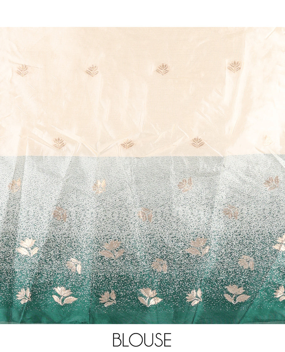 Cream-Green Semi-Silk Half-Saree Featuring Buttas Skirt, Contrast Floral Border, Matching Blouse, Contrast Syska Georgette Dhavani
