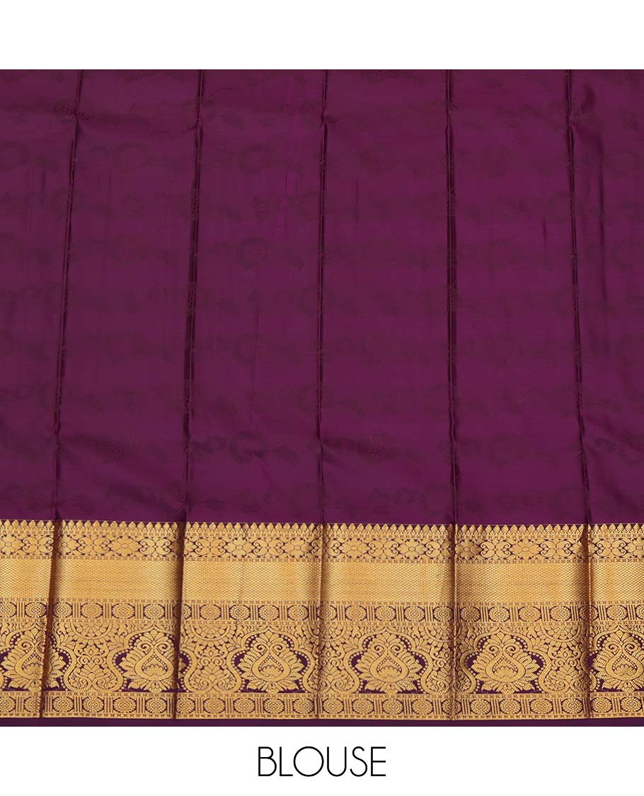Violet Budget Silk Saree, Adorned with Floral Vine Design, Complemented by Contrast Traditional Zari Border, a Jaal Pallu and a Contrast Blouse