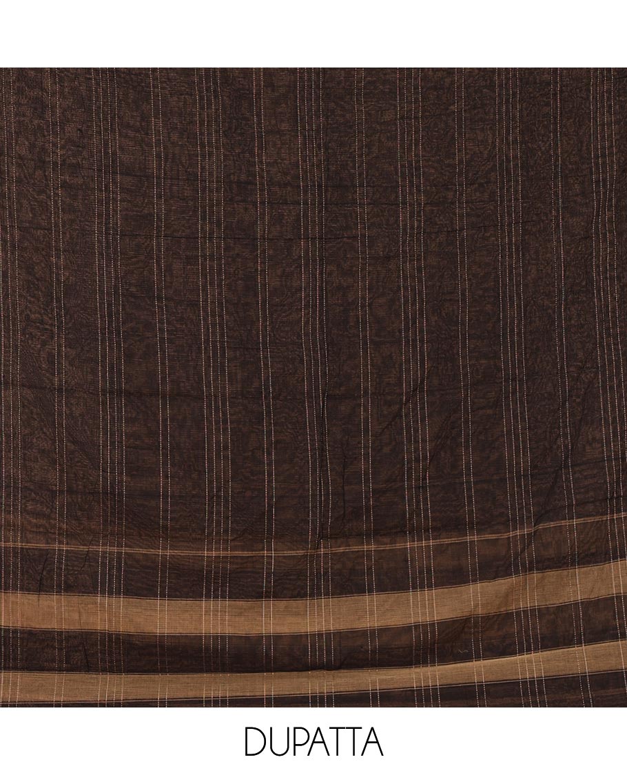 Black mercerized cotton material chudidar set,vertical striped contrast border top, matching threadwork bottom & traditional border matching dupatta
