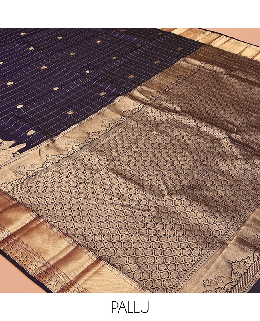 Blue Vasundhara Silk Saree, Ornamented with Mayil-Chakram Buttas and Checks, Highlighted by a Zari Border of Wedding-Themed Motif Weave, Grand Jaal Pallu, and a Matching Blouse