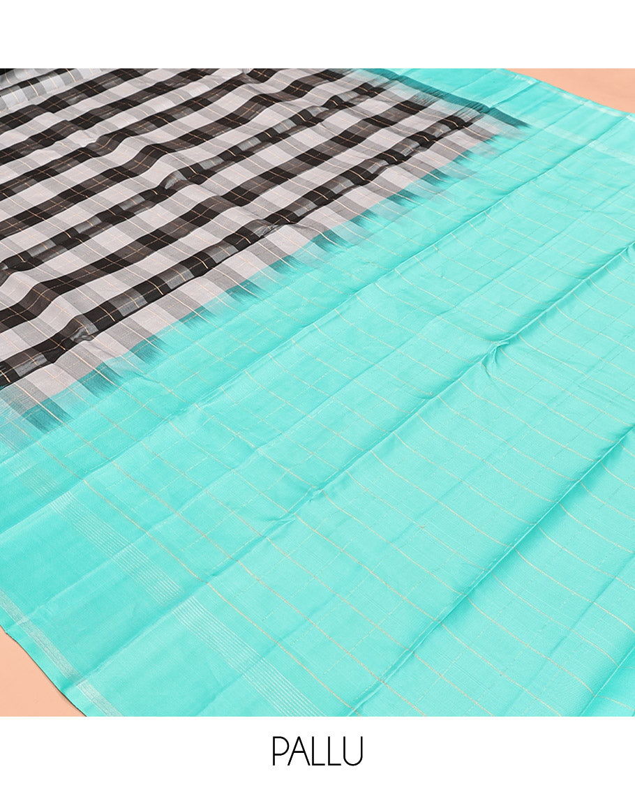Black-White Checked Kanchipuram Silk Saree, Contrast Bodi Border, Striped Pallu, and a Contrast Blouse