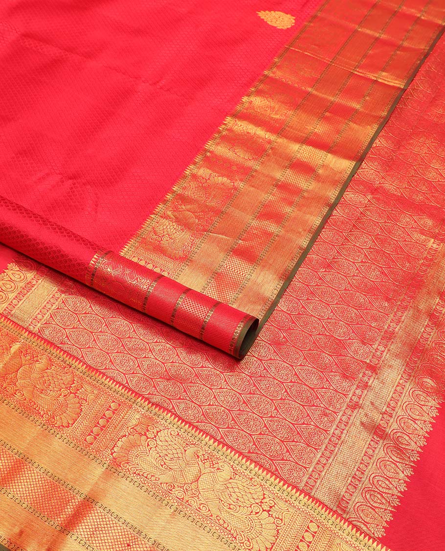 Red floral design silk saree with contrast border of rekku, paun, banaras, kuyil kann design & jaal design pallu