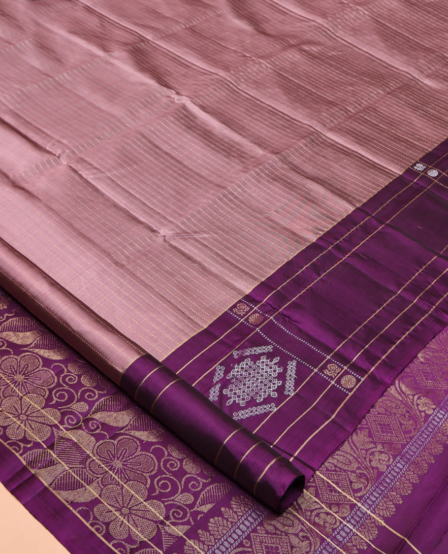 Rosewood Pink Mayuri Lite Silk Mix Saree, Woven with Muthu Stripes All Over Its Body, Complemented by a Contrast Border of Kolam Motifs, Flora-Leaf Design Pallu, and Paired with a Contrast Blouse