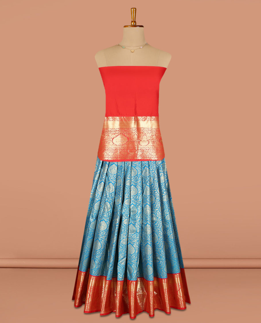 Blue Jacquard Art Silk Pavadai Material, a Contrast Traditional Zari Border, Contrast Blouse