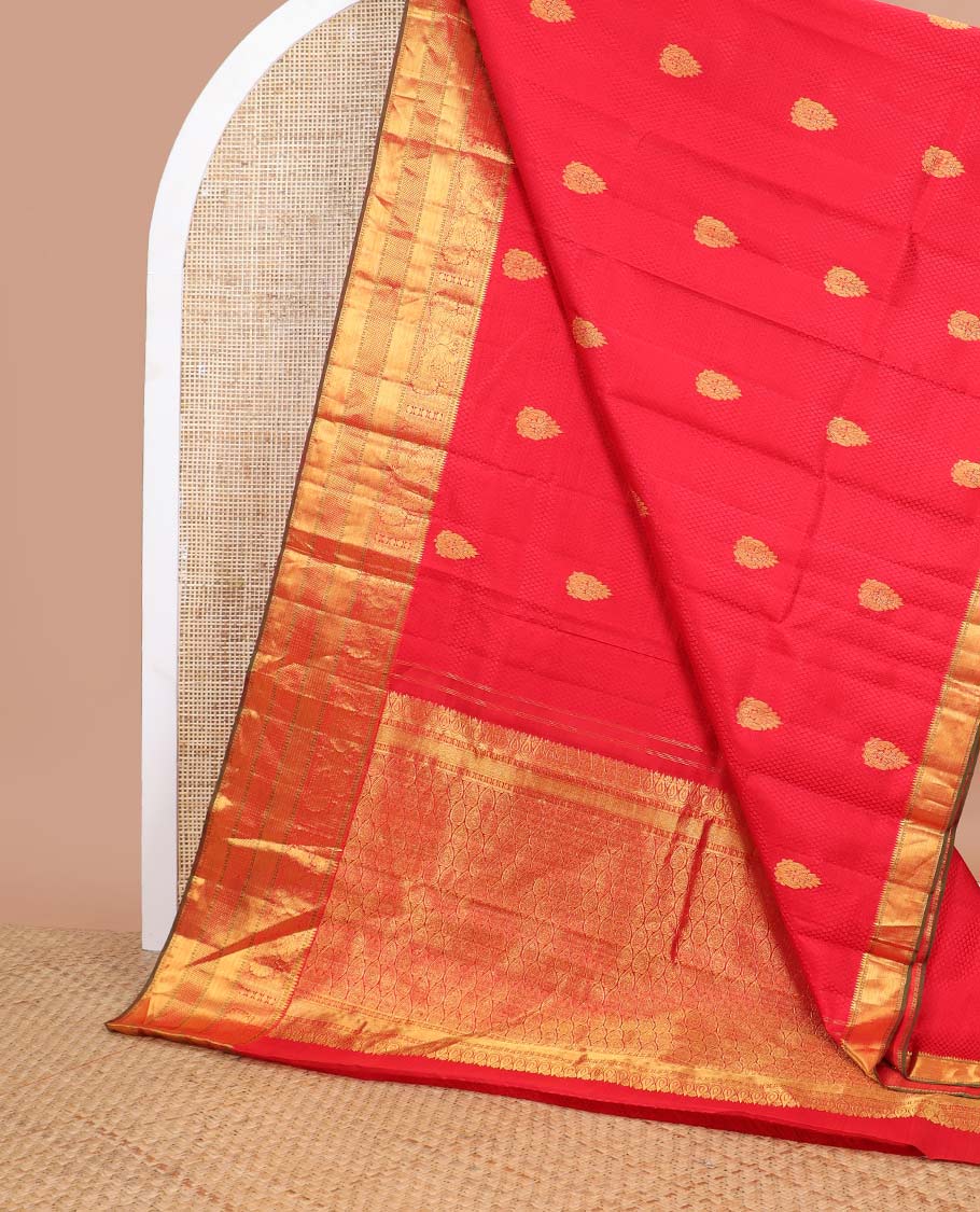Red floral design silk saree with contrast border of rekku, paun, banaras, kuyil kann design & jaal design pallu