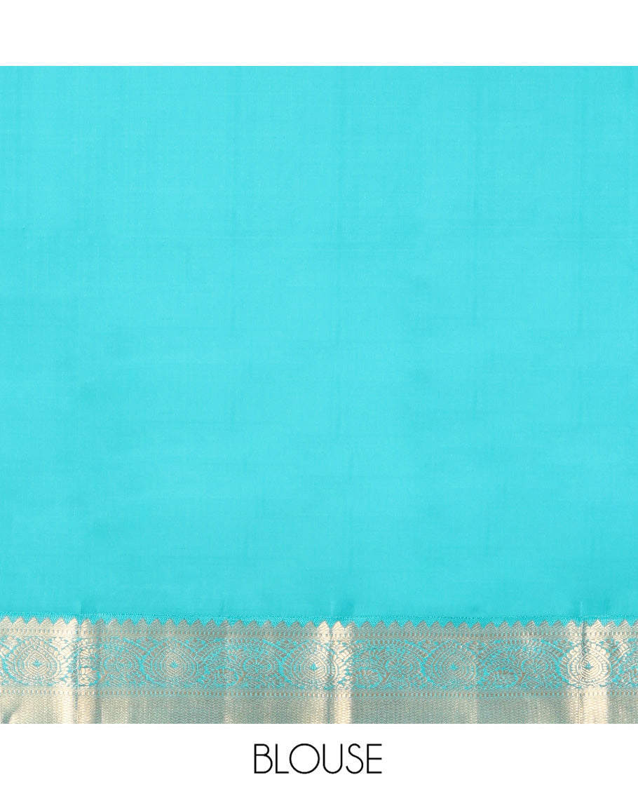 Wine Kanchipuram Silk Saree, Detailed with Zari Buttas on Its Body, Complemented by Contrast Border of Rekku, Muthu, Thilakam, and Mayil Kann Designs, Grandly Woven Pallu, and Paired with a Contrast Blouse